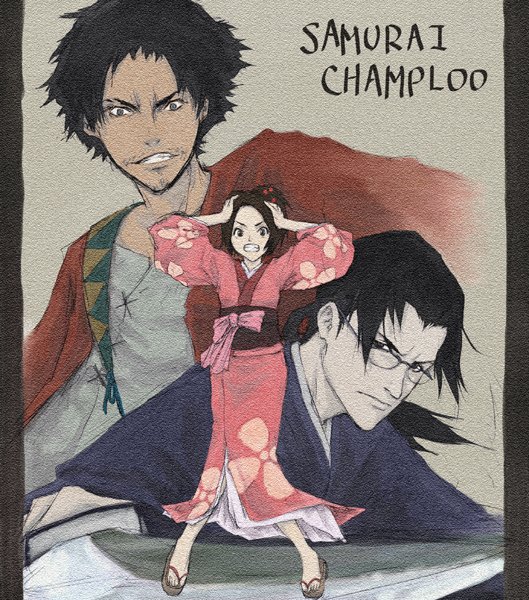 00s, 1girl, 2boys, angry, bad_id, bad_pixiv_id, black_hair, brown_hair, clenched_teeth, fuu_(samurai_champloo), glasses, grin, hands_on_own_head, japanese_clothes, jinnosuke, kimono, mugen_(samurai_champloo), multiple_boys, ponytail, samurai_champloo, sandals, smile, sumiya_akihiro, teeth