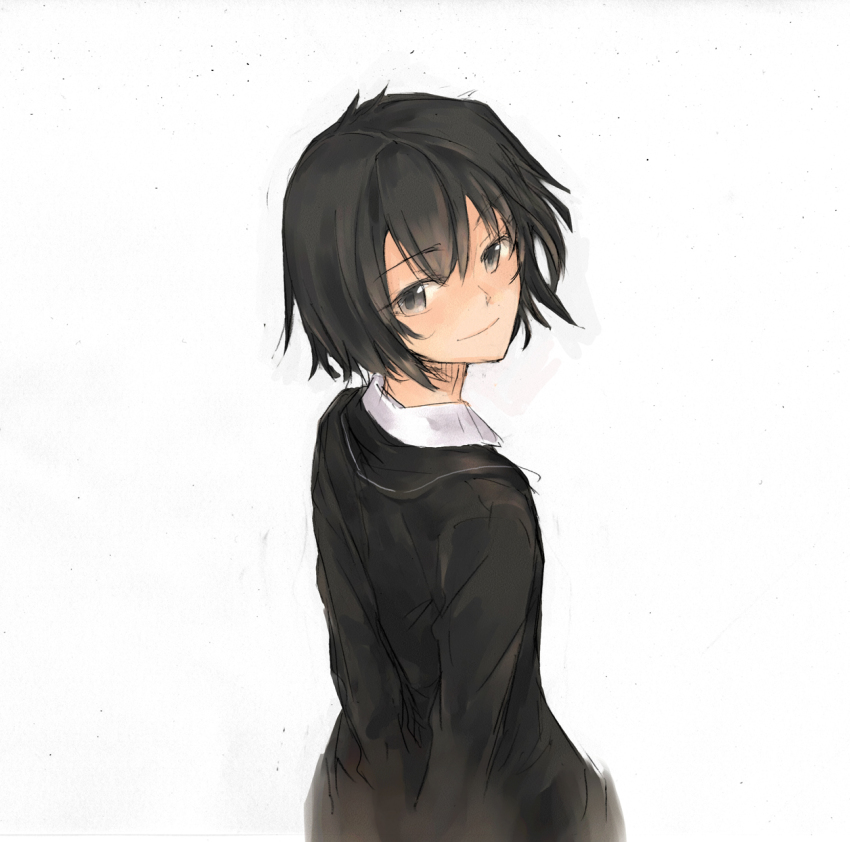 1girl, amagami, bad_id, bad_pixiv_id, black_hair, cardigan, female_focus, highres, looking_back, nanasaki_ai, school_uniform, short_hair, simple_background, smile, solo, sumiya_akihiro, white_background