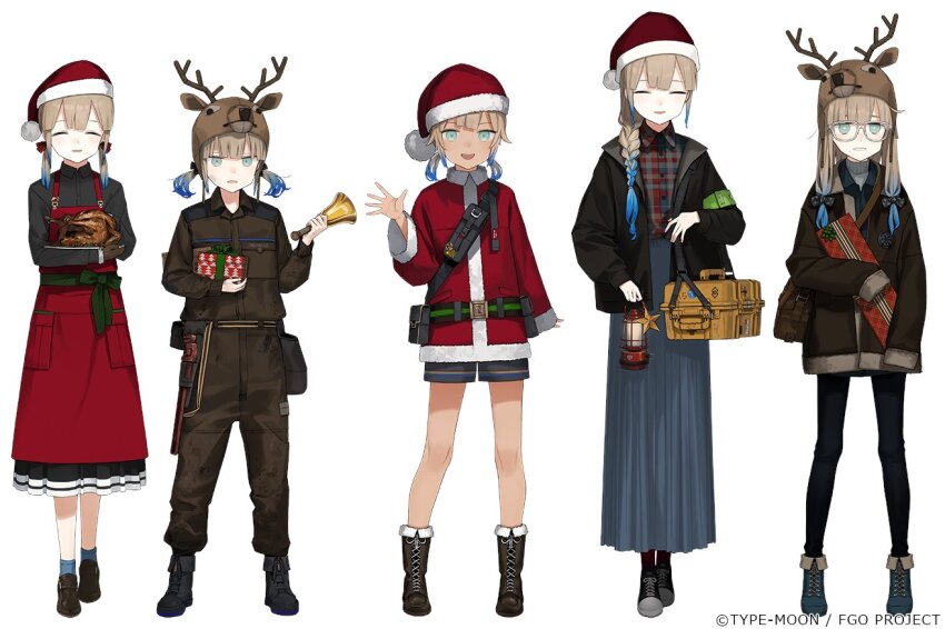 5others, animal_hat, apron, astg, baker_nemo_(fate), baker_nemo_(santa)_(fate), bell, black_bow