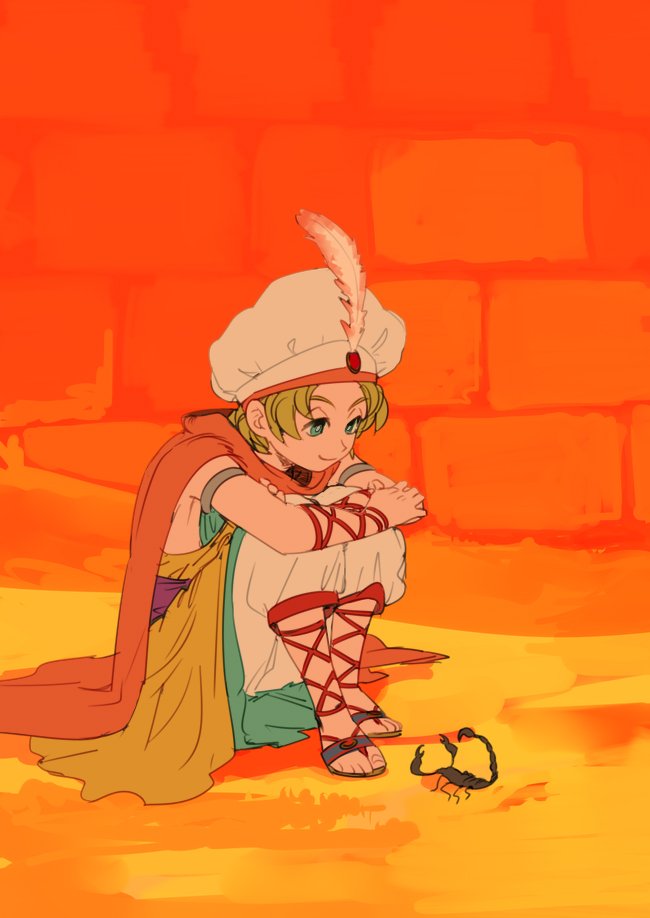 1boy, blonde_hair, blue_eyes, brick_wall, cape, closed_mouth, desert, dragon_quest