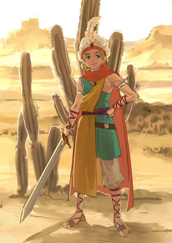1boy, armlet, belt, brown_belt, cactus, closed_mouth, desert, dragon_quest