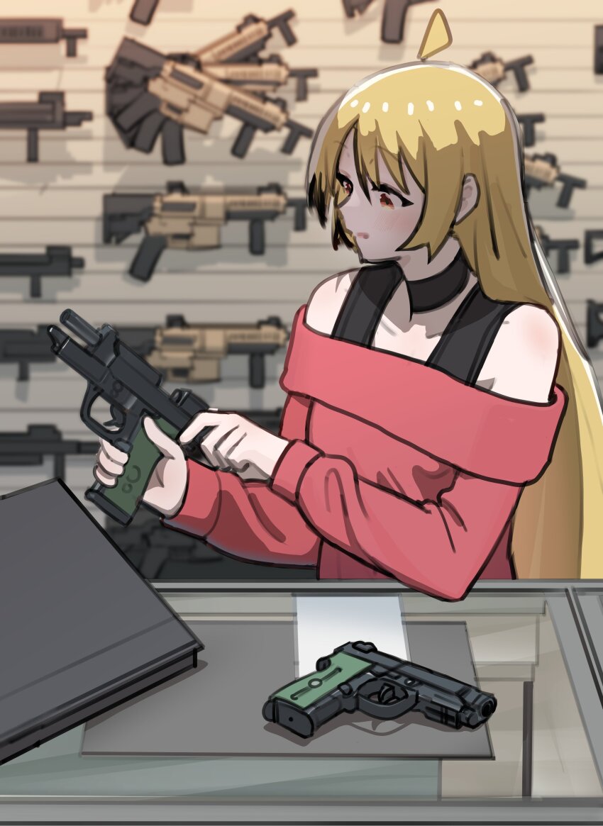1girl, absurdres, antenna_hair, assault_rifle, blonde_hair, bocchi_the_rock!, choker, cocking_gun