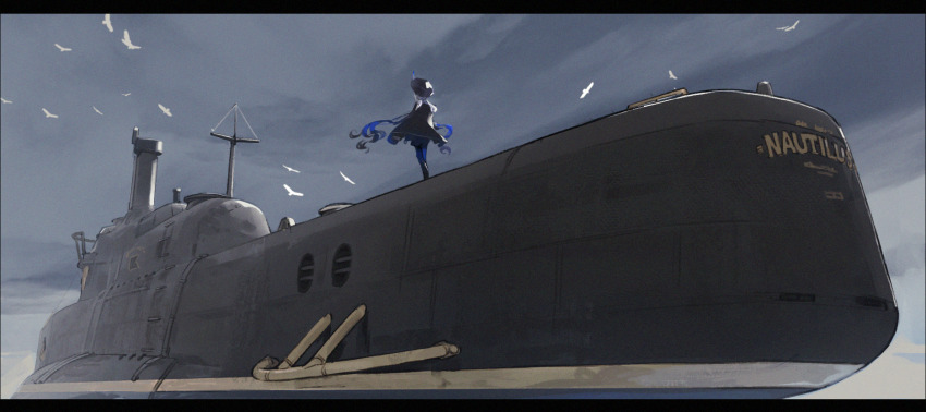 1other, astg, bird, black_hair, blue_hair, captain_nemo_(fate), captain_nemo_(third_ascension)_(fate), cloud, cloudy_sky, day, fate/grand_order, fate_(series), from_behind, highres, letterboxed, long_hair, long_sleeves, nemo_(fate), outdoors, pantyhose, shorts, sky, solo, standing, submarine, twintails, very_long_hair, watercraft
