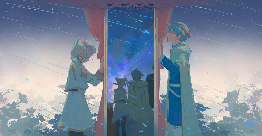 1girl, 3boys, belt, blue_hair, blue_shirt, capelet, cloak, closed_mouth