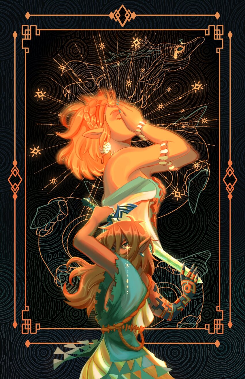 2boys, 2girls, archaic_set_(zelda), armlet, artist_logo, bare_shoulders, belt, black_background