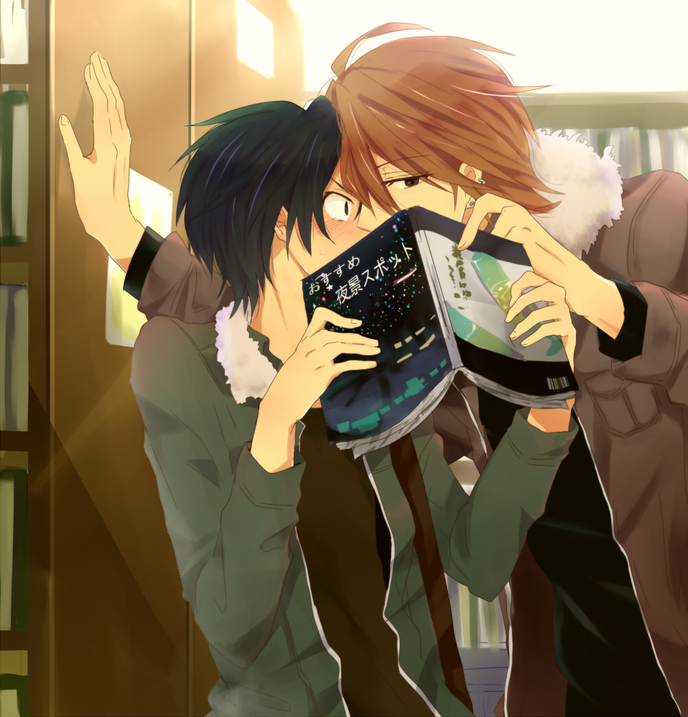 2boys, black_hair, black_shirt, book, bookshelf, brown_coat, brown_eyes, brown_hair, coat, covered_mouth, earrings, embarrassed, fur-trimmed_coat, fur_trim, green_coat, holding, holding_book, jewelry, kiss, kou_yukina, library, male_focus, multiple_boys, sekai_ichi_hatsukoi, shirt, shouta_kisa, sweatdrop, touri_(touri-aki), yaoi