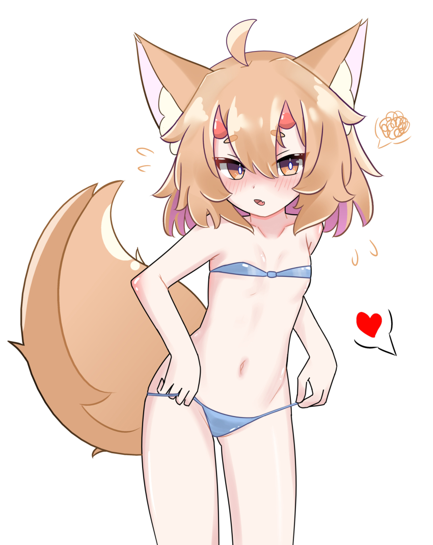1girl, absurdres, ahoge, animal_ears, annoyed, blush, bra, female_focus, flat_chest, flustered, fox_ears, fox_girl, fox_tail, heart, highres, horns, loli, looking_at_viewer, mochi-chan_(kurotofu), multicolored_hair, navel, oni, oni_horns, orange_hair, original, panties, sari_(zakura27502762), solo, streaked_hair, sweatdrop, tail, thick_eyebrows, underwear