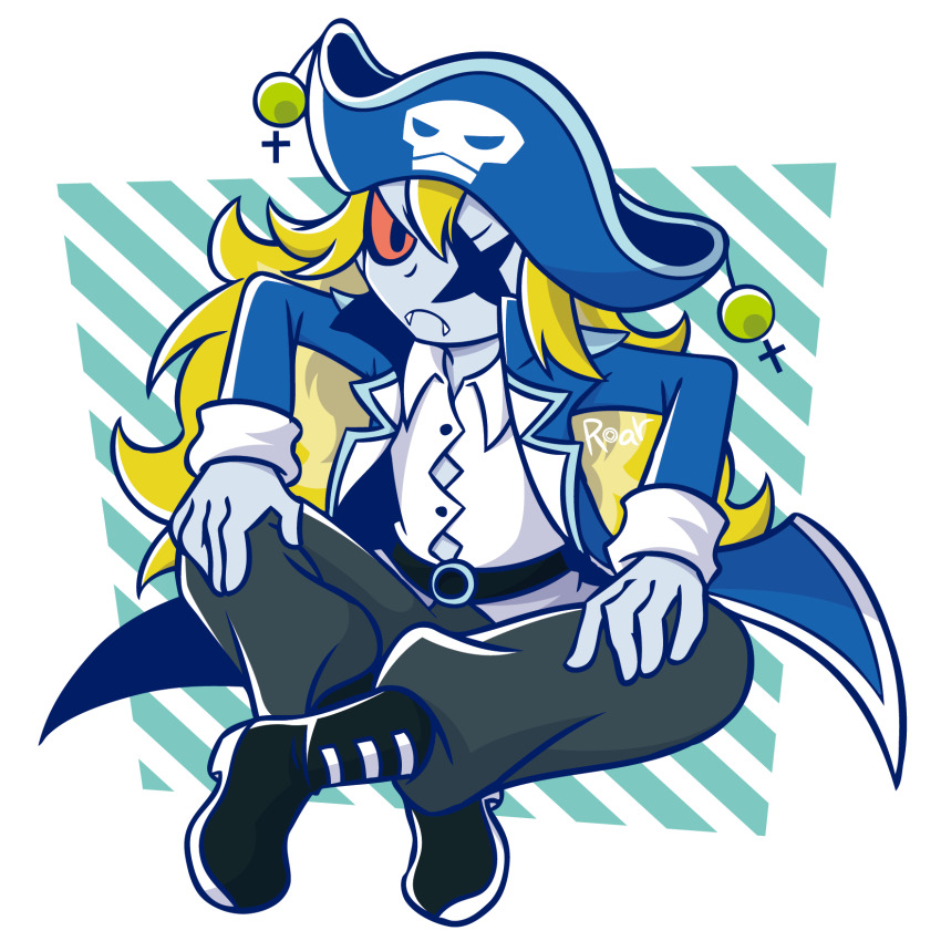 1boy, belt, black_belt, black_footwear, black_pants, blonde_hair, blue_coat, border, closed_mouth, coat, eyepatch, fangs, frown, hands_on_own_knees, hat, highres, hotate_oishii, long_hair, male_focus, orange_scrunchie, paireito, pants, pirate_hat, scrunchie, seizei_ganbare!_mahou_shoujo_kurumi, shirt, signature, sitting, skull_print, solo, white_border, white_shirt