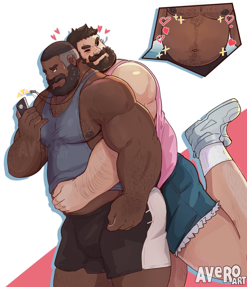 2boys, absurdres, arm_hair, avero_art, bara, beard, belly, bulge