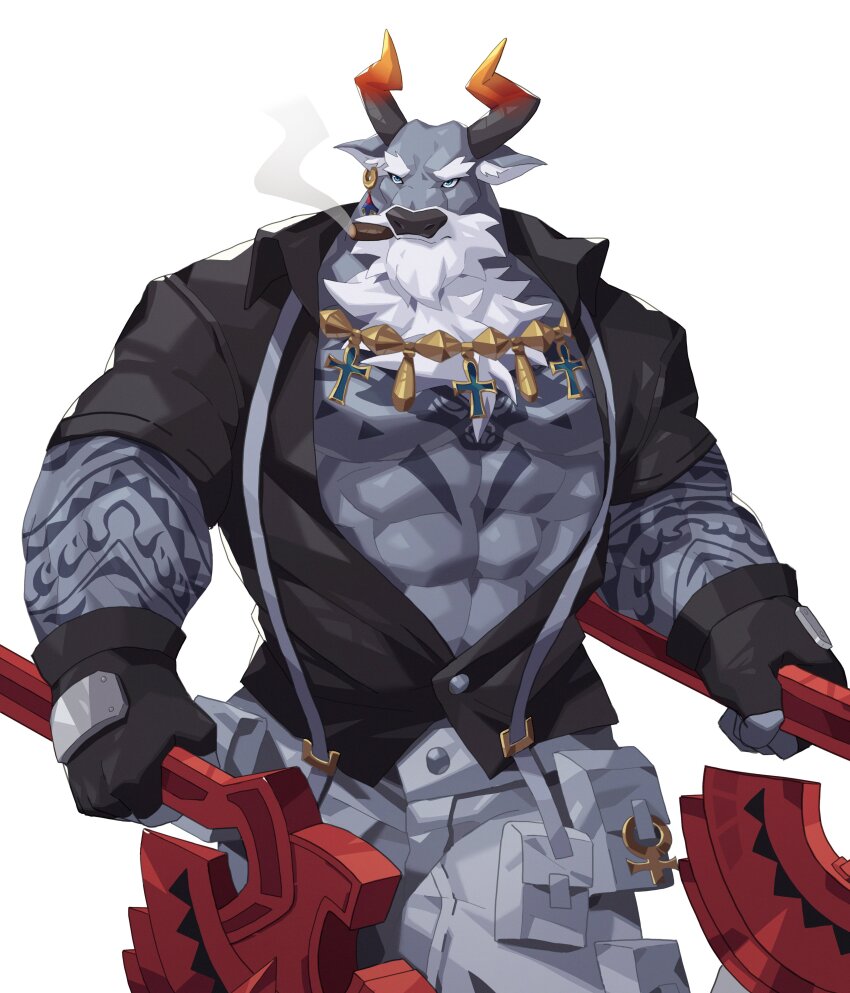 1boy, abs, absurdres, animal_ears, ankh_necklace, arm_tattoo, axe, bara