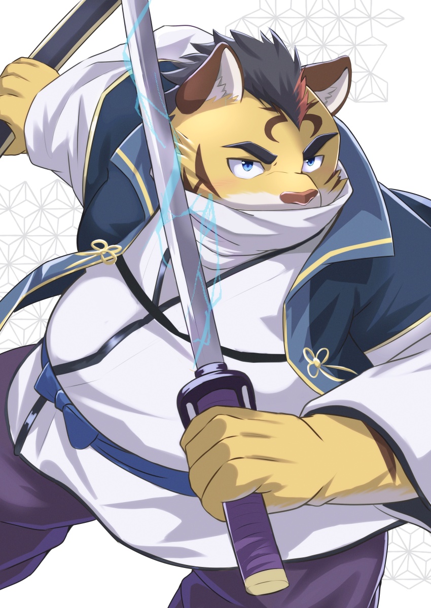 1boy, absurdres, animal_ears, bara, commentary_request, electricity, fat, fat_man, furry, furry_male, highres, hitachi_(tamacolle), holding, holding_sheath, holding_sword, holding_weapon, japanese_clothes, male_focus, multicolored_hair, nazebesu, official_alternate_costume, sheath, streaked_hair, sword, tamacolle, tiger_boy, tiger_ears, tiger_stripes, weapon