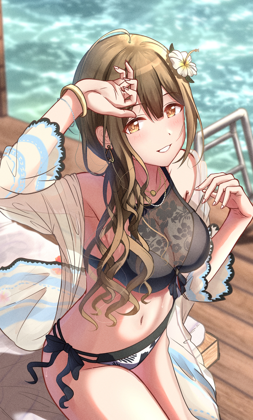 1girl, absurdres, brown_eyes, brown_hair, citrusmikan, highres, idolmaster, idolmaster_shiny_colors, kuwayama_chiyuki, long_hair, looking_at_viewer, outdoors, smile, solo, swimsuit