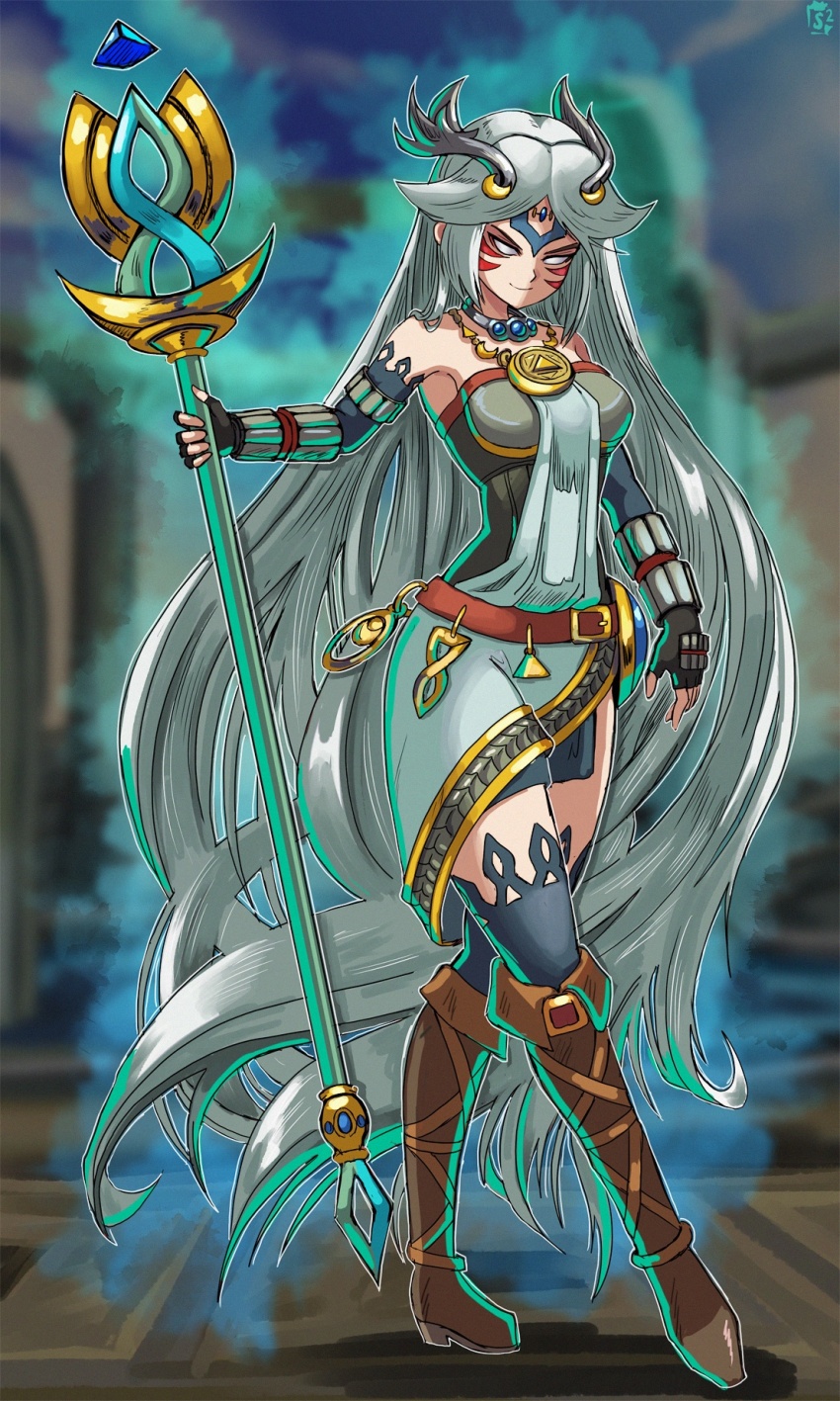 1girl, alternate_costume, alternate_eye_color, alternate_hair_color, armor, aura, bare_shoulders, belt
