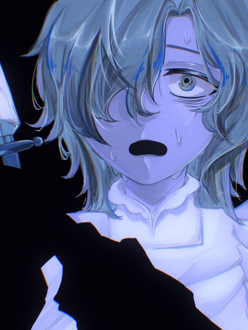 1girl, ado_(utaite), black_background, blue_hair, cloud_nine_inc, commentary, hair_over_one_eye, highres