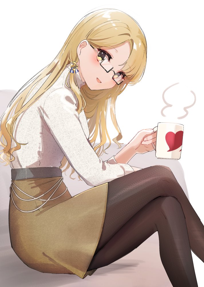1girl, black-framed_eyewear, black_pantyhose, blonde_hair, breasts, brown_skirt, crossed_legs, cup