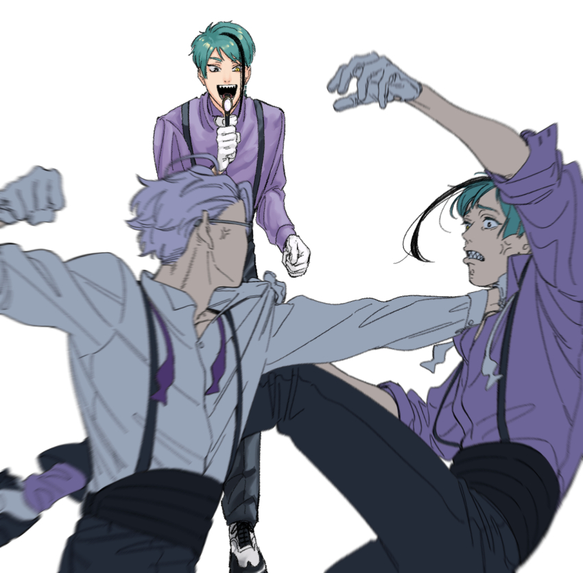 3boys, anger_vein, angry, aqua_hair, azul_ashengrotto, battle, black_hair, black_pants