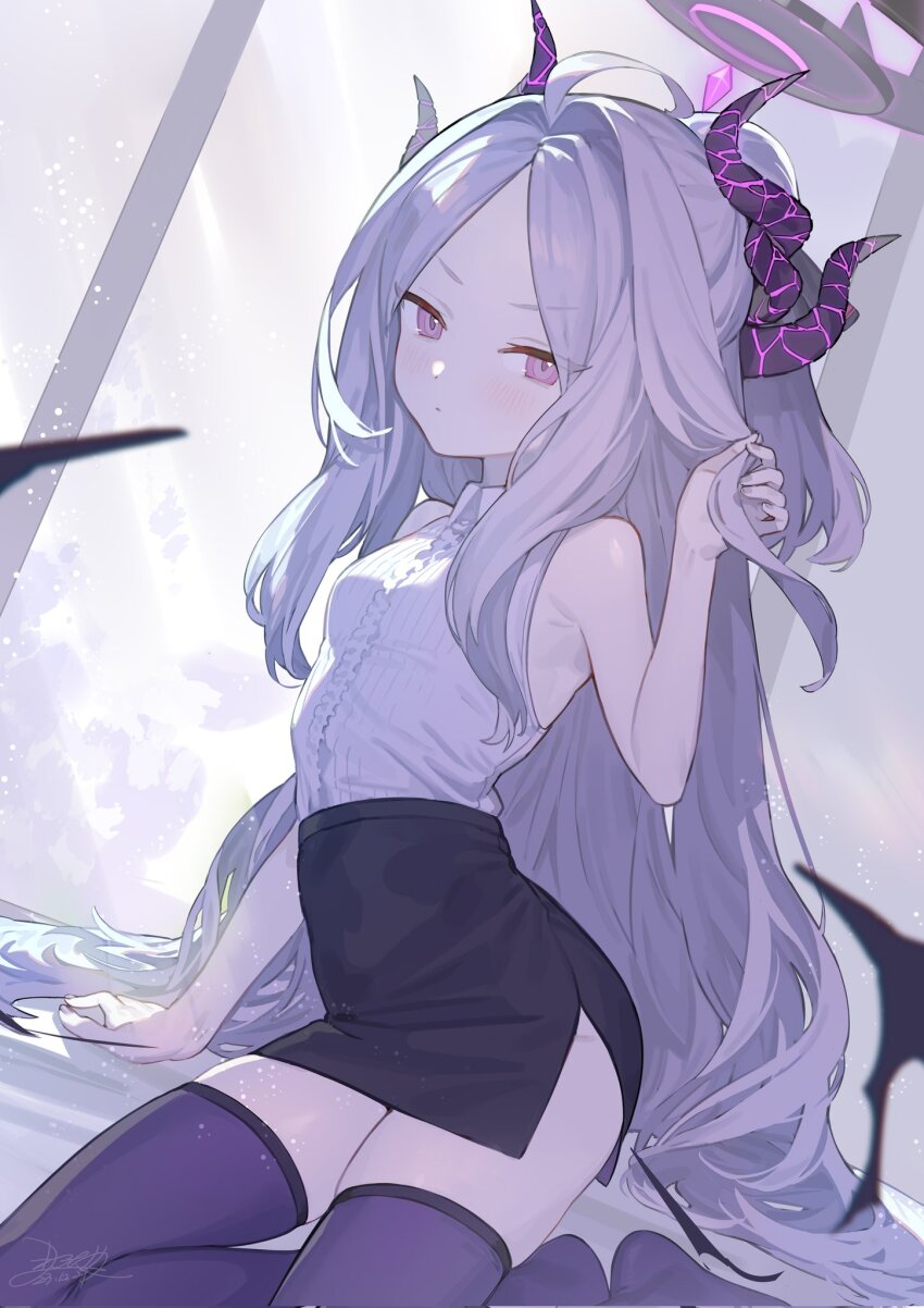 1girl, ahoge, arm_support, armpits, bare_shoulders, black_halo, black_horns, black_skirt