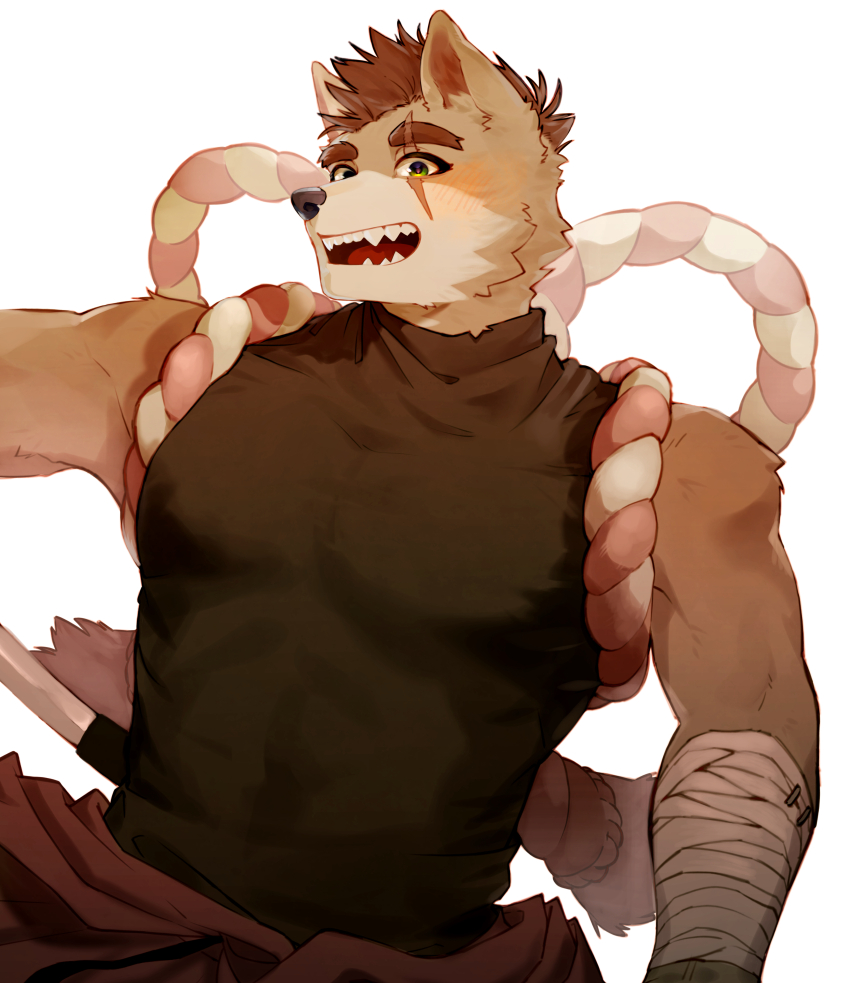 1boy, absurdres, animal_ears, bandaged_arm, bandages, black_shirt, blush, brown_hair