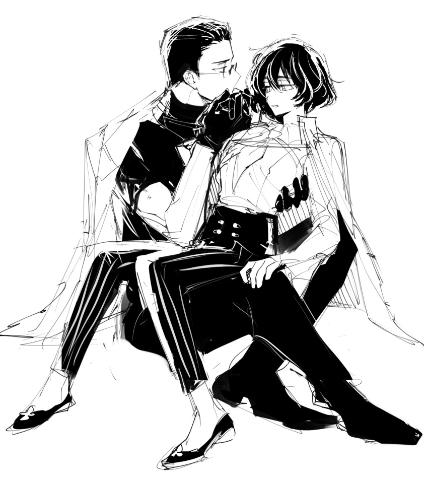 1boy, 1girl, gloves, greyscale, highres, long_sleeves, monochrome, moses_(project_moon)