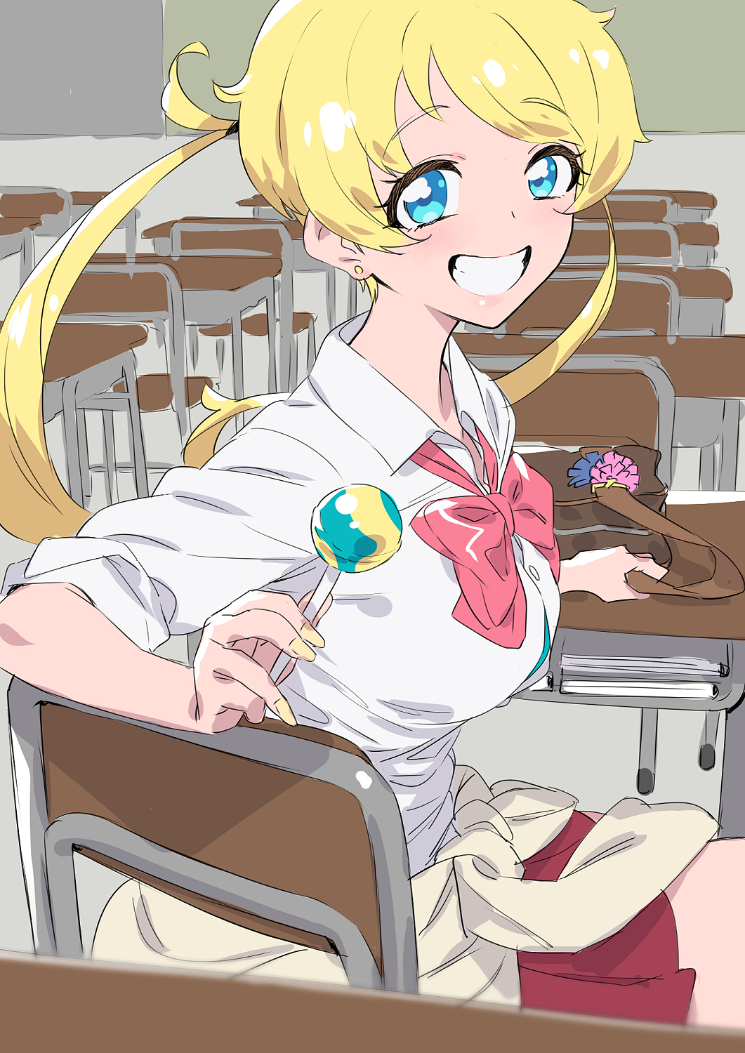 1girl, aged_up, bag, blonde_hair, blue_eyes, bow, bowtie, breasts, brown_bag, candy, chair, classroom, clothes_around_waist, collared_shirt, commentary, desk, earrings, food, grin, high_school!_kiratto_pri_chan, highres, holding, holding_bag, holding_candy, holding_food, holding_lollipop, indoors, jewelry, kiratto_pri_chan, large_breasts, lollipop, long_hair, looking_at_viewer, moegi_emo, murakami_hisashi, nail_polish, on_chair, open_mouth, pink_bow, pink_bowtie, pleated_skirt, pretty_series, red_skirt, school_bag, school_chair, school_desk, school_uniform, shirt, sitting, skirt, smile, solo, twintails, white_shirt, yellow_nails