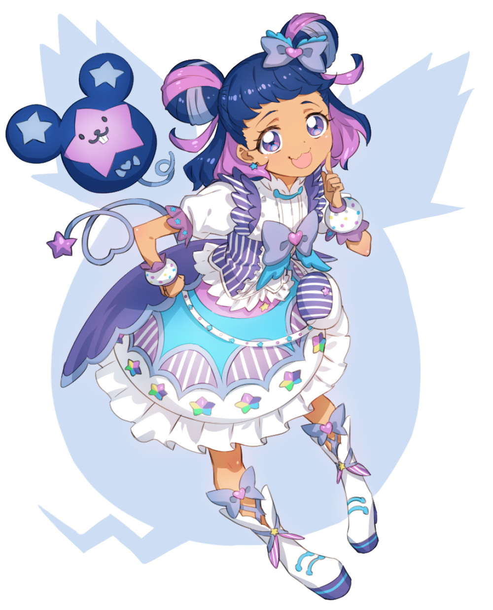 1girl, :3, :d, alternate_color, blue_hair, boots, bow, bubble_skirt