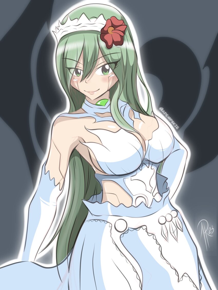 1girl, adempskie, breasts, cleavage, dress, eden's_zero, green_eyes, green_hair, highres, large_breasts, long_hair, sideboob, solo, witch_regret