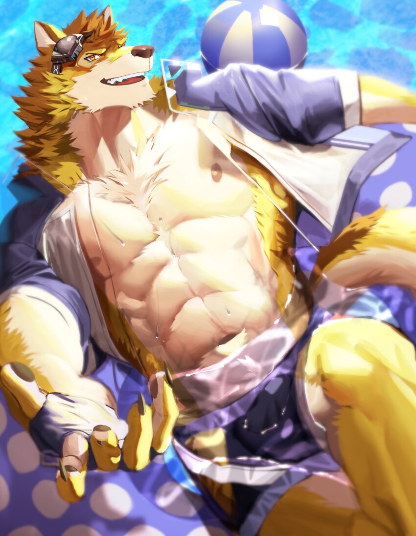 1boy, abs, absurdres, animal_ears, ball, bara, barrel_(cool_gunfighter)_(live_a_hero), barrel_(live_a_hero)