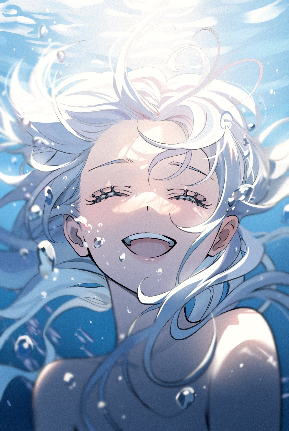 1girl, air_bubble, alternate_hair_color, bare_shoulders, bubble, closed_eyes, commentary, english_commentary, facing_viewer, furina_(genshin_impact), genshin_impact, happy, highres, long_hair, merururuu, open_mouth, smile, solo, sunlight, teeth, underwater, upper_teeth_only, very_long_hair, white_hair