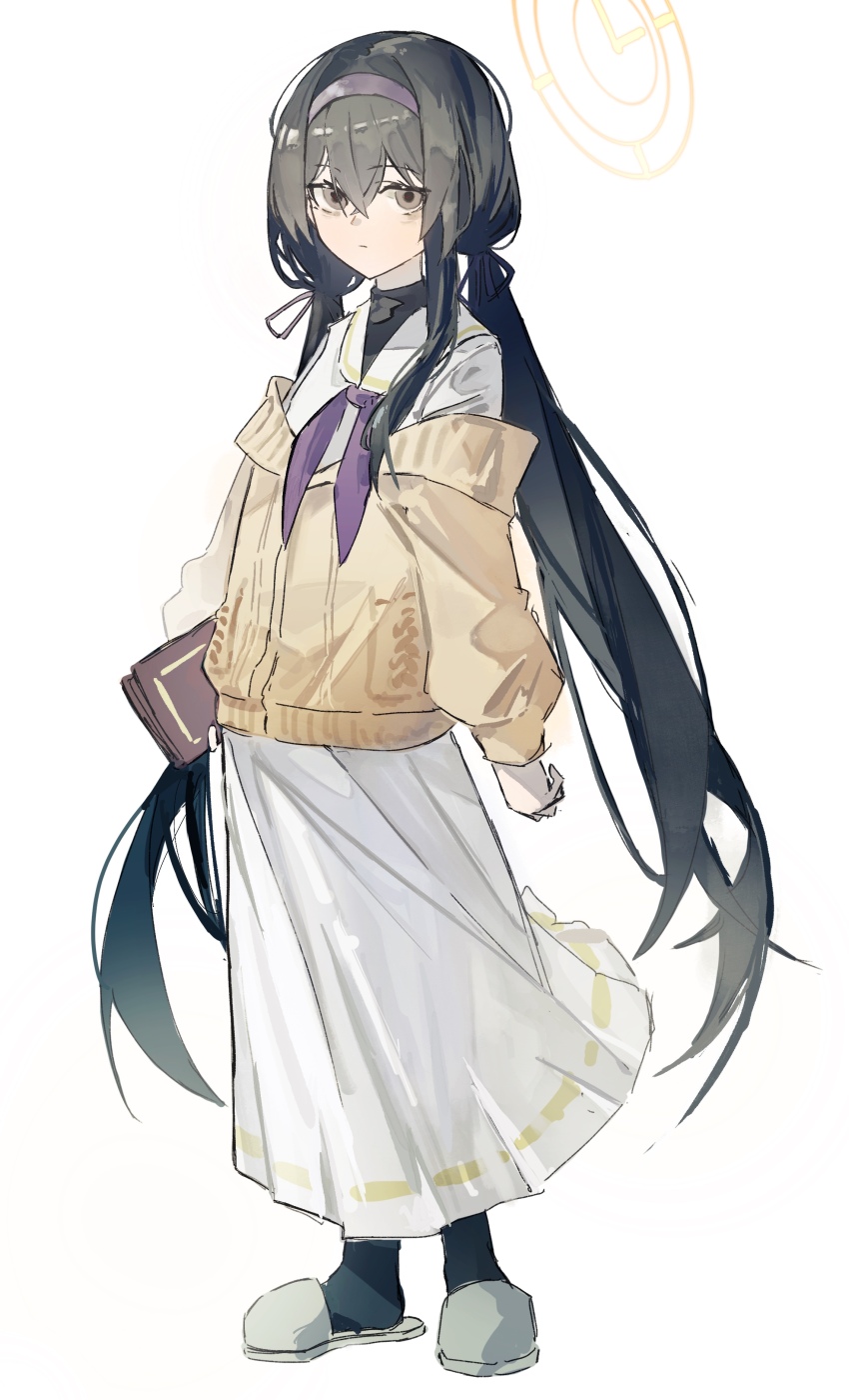 1girl, absurdres, bags_under_eyes, black_eyes, black_hair, black_headband, blue_archive, brown_cardigan