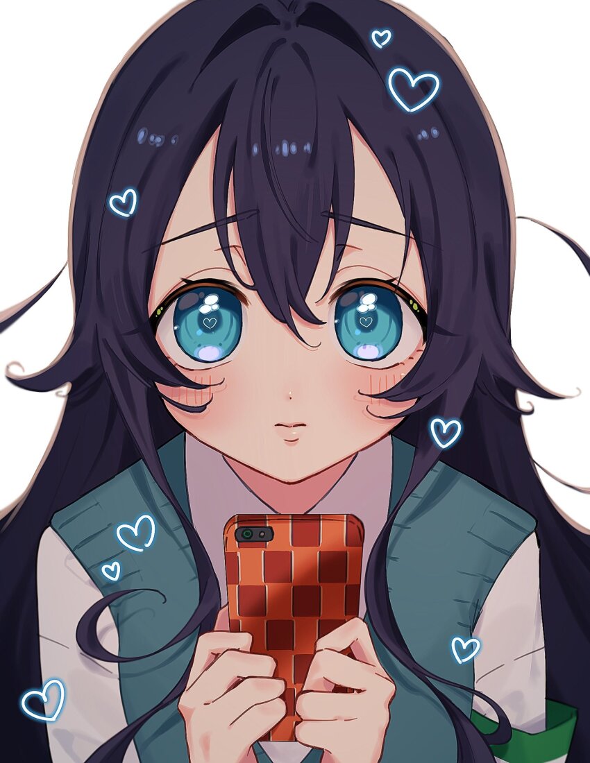 1girl, armband, blue_eyes, blue_hair, blush, cellphone, close-up, closed_mouth