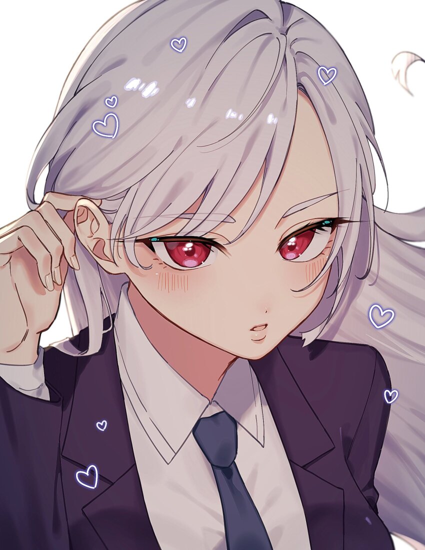 1girl, blazer, blue_necktie, close-up, collared_shirt, dress_shirt, eiai_nano, hair_behind_ear