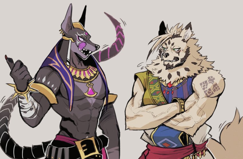 2boys, abs, ancient_egyptian_clothes, animal_ear_piercing, animal_ears, another_eidos-r, bara, bare_pectorals, belt, black_belt, crossed_arms, furry, furry_male, grey_background, highres, jackal_boy, jackal_ears, jalam_(another_eidos), k0bit0wani, licking_lips, looking_at_another, male_focus, multiple_boys, muscular, muscular_male, navel, neck_fur, pectorals, pointing, pointing_to_the_side, shoulder_tattoo, sleeveless, sweatdrop, tail, tattoo, tongue, tongue_out, upper_body, usekh_collar, v-taper, zacharoff_(another_eidos)