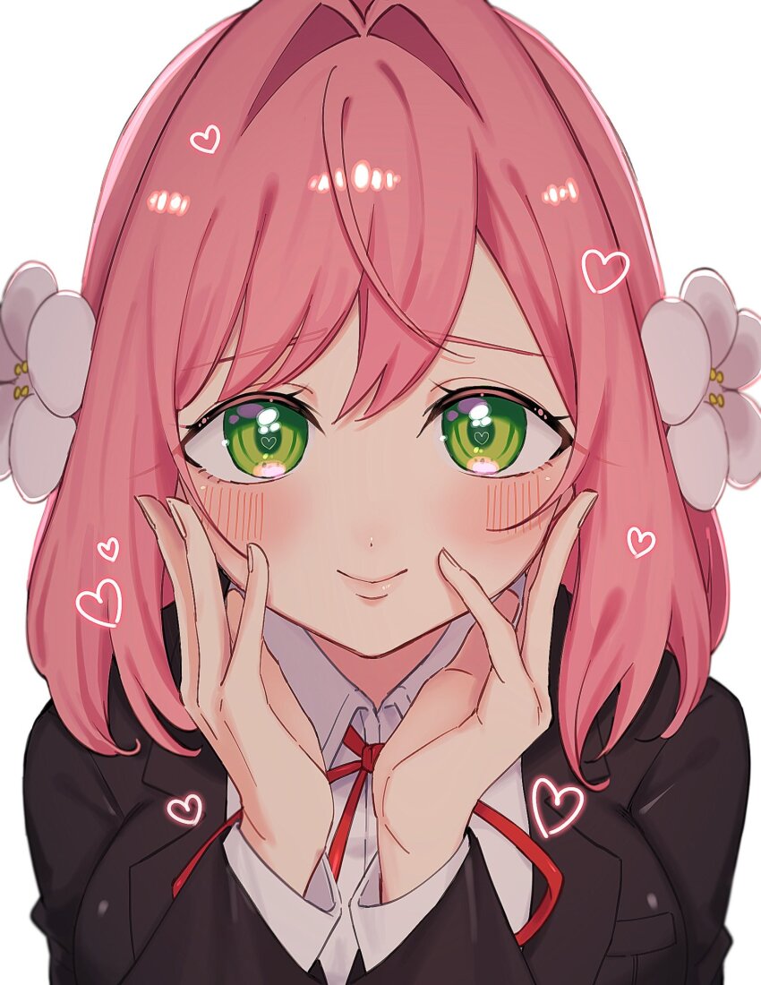 1girl, blazer, blush, close-up, closed_mouth, dress_shirt, flower, green_eyes, hair_between_eyes, hair_flower, hair_ornament, hanazono_hakari, hand_on_own_cheek, hand_on_own_face, heart, highres, jacket, kimi_no_koto_ga_dai_dai_dai_dai_daisuki_na_100-nin_no_kanojo, looking_at_viewer, necktie, ogura_(ogr_pu), pink_hair, school_uniform, shirt, short_hair, solo, white_background, white_flower