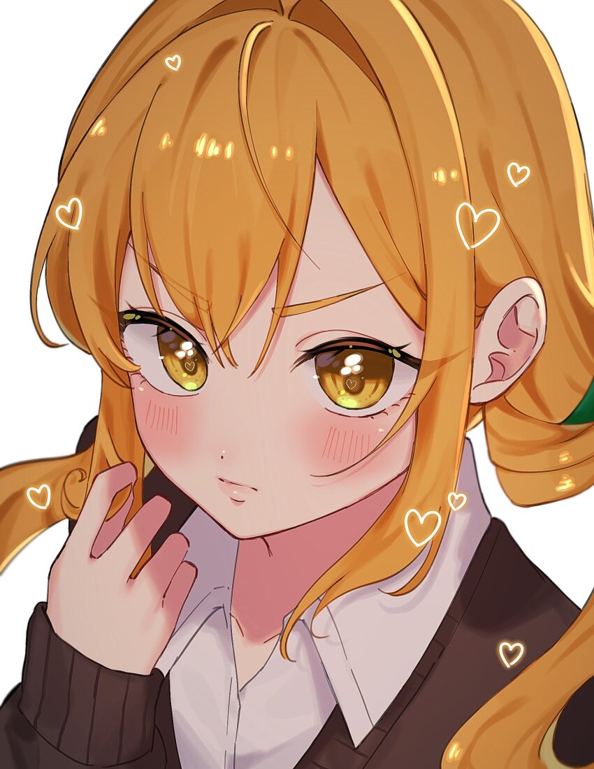 1girl, blonde_hair, blush, brown_sweater, closed_mouth, dress_shirt, hair_between_eyes, hand_in_own_hair