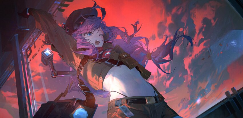 1girl, aoseagrass, arm_up, bag, belly, black_gloves, black_headwear, blue_eyes