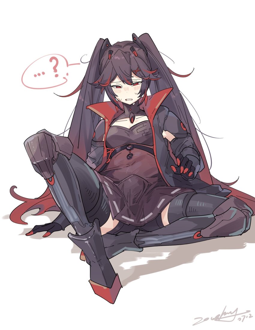 ..., ...?, 1futa, ?, black_dress, black_hair, black_jacket, black_shorts, bulge, check_gender, cleavage_cutout, clothing_cutout, dress, erection, erection_under_clothes, futanari, gender_request, gradient_hair, hair_between_eyes, hair_ornament, highres, jacket, long_hair, lucia:_plume_(pgr), lucia_(pgr), mechanical_arms, mechanical_legs, multicolored_hair, punishing:_gray_raven, red_eyes, red_hair, shorts, solo, spoken_ellipsis, spoken_question_mark, streaked_hair, sweatdrop, twintails, very_long_hair, x_hair_ornament, zocehuy