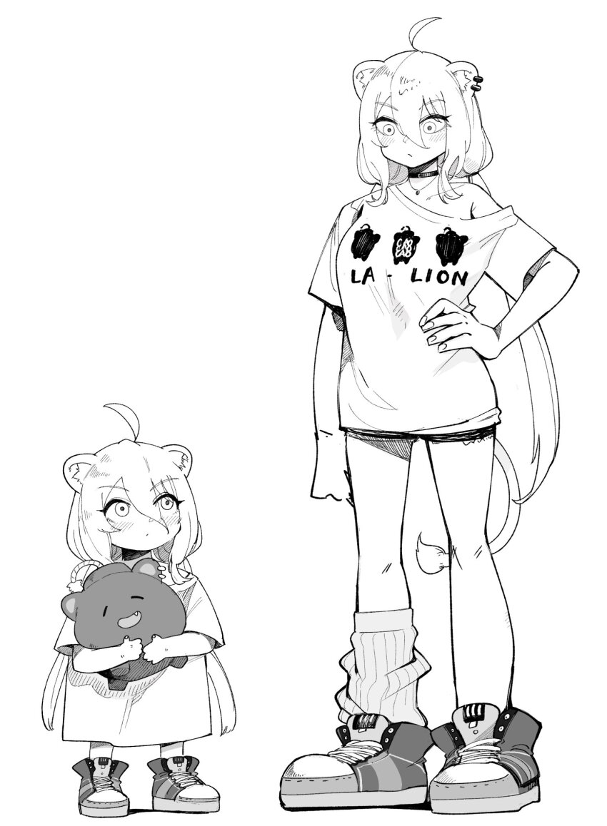 2girls, aged_down, ahoge, animal_ear_piercing, animal_ears, blush, character_doll, choker