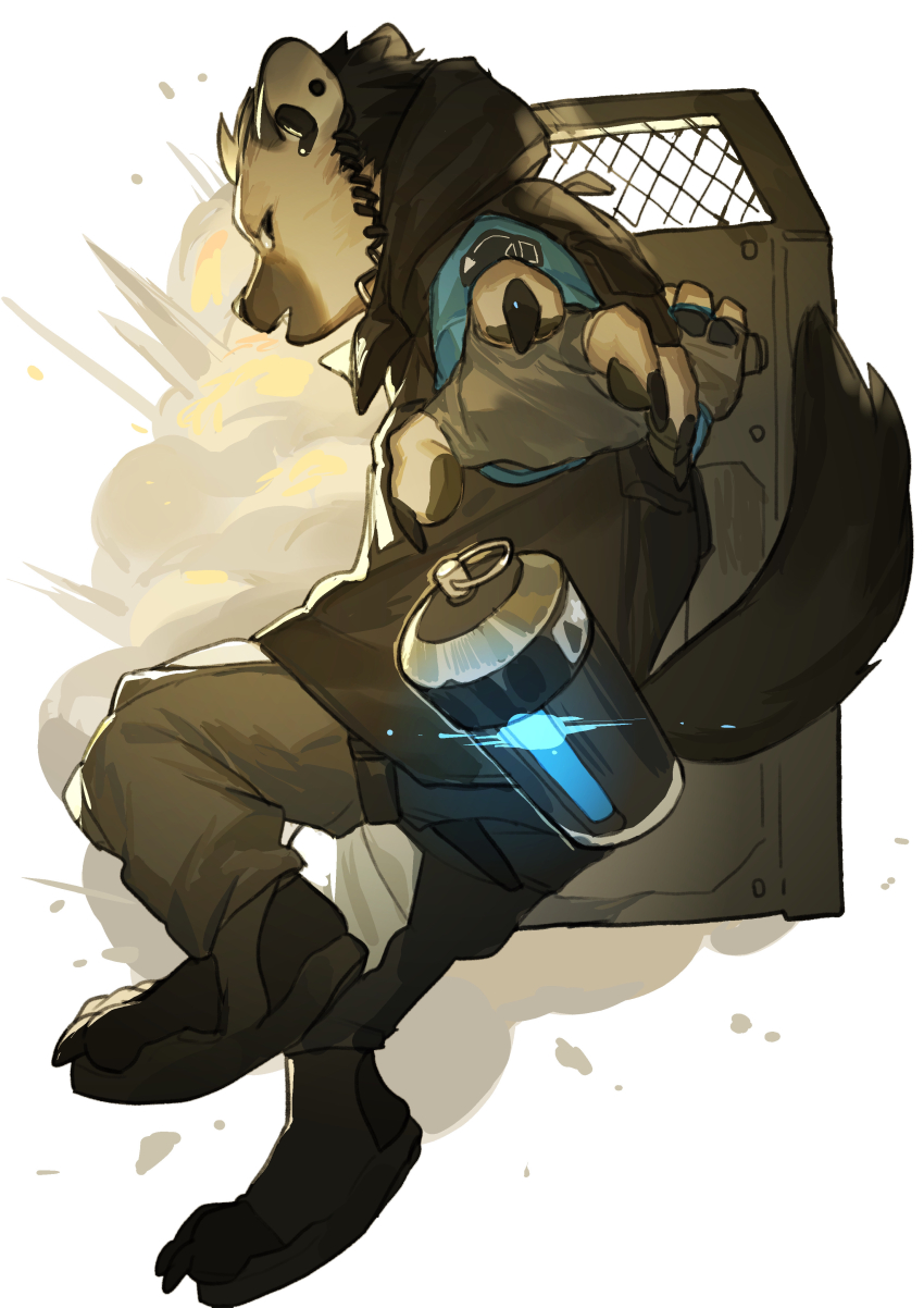 1boy, absurdres, arknights, black_vest, chinese_commentary, commentary_request, earpiece, explosion