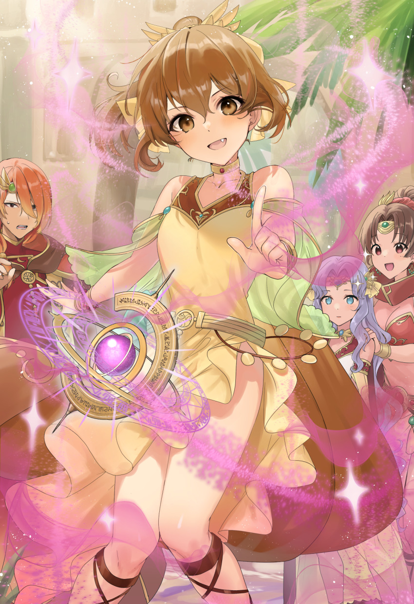 1boy, 3girls, blue_eyes, breasts, brown_eyes, brown_hair, choker, commission