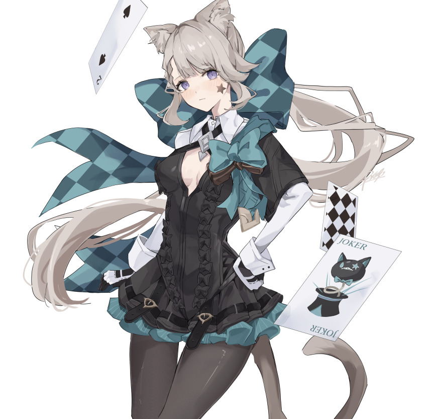 1girl, absurdres, animal_ear_fluff, animal_ears, bow, breasts, card, cat_ears