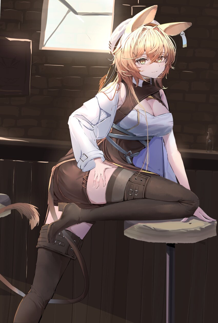 1girl, absurdres, animal_ears, arknights, arm_out_of_sleeve, bar_stool, black_footwear, black_shirt