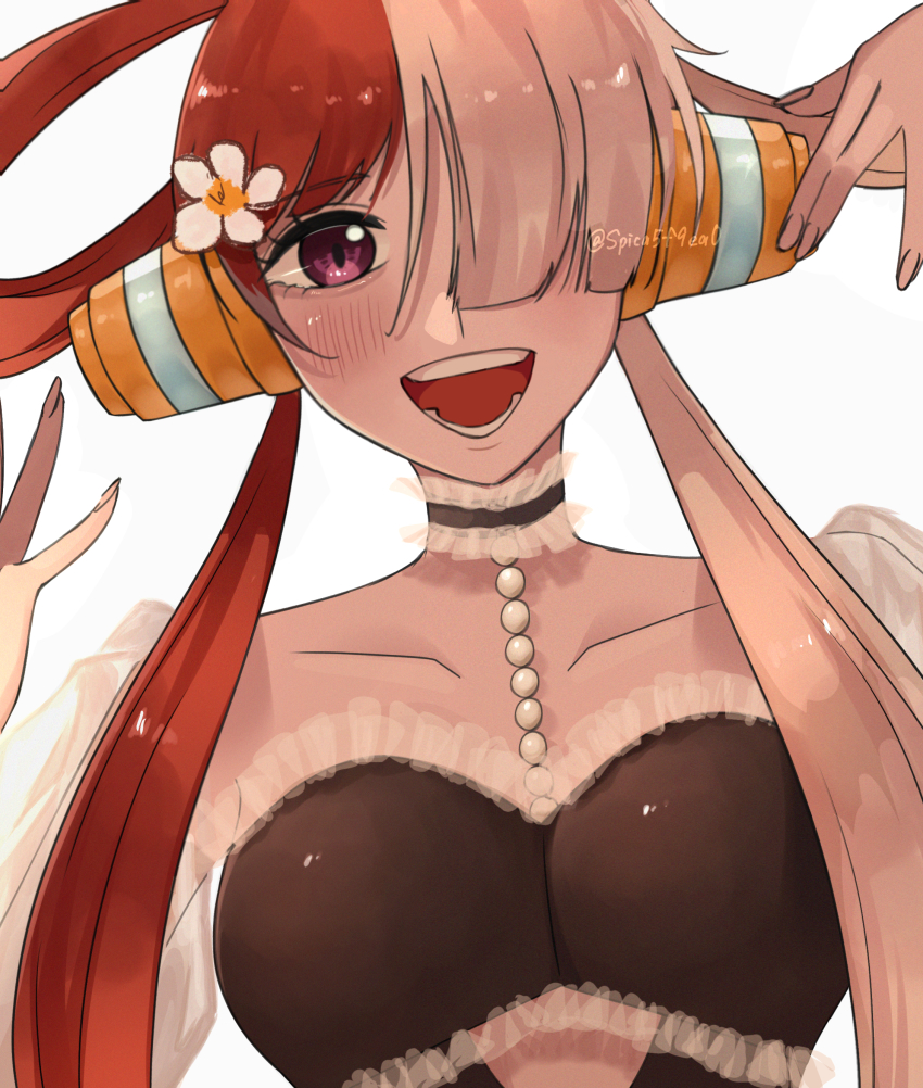 1girl, absurdres, black_choker, blush, choker, collarbone, commentary_request, flower