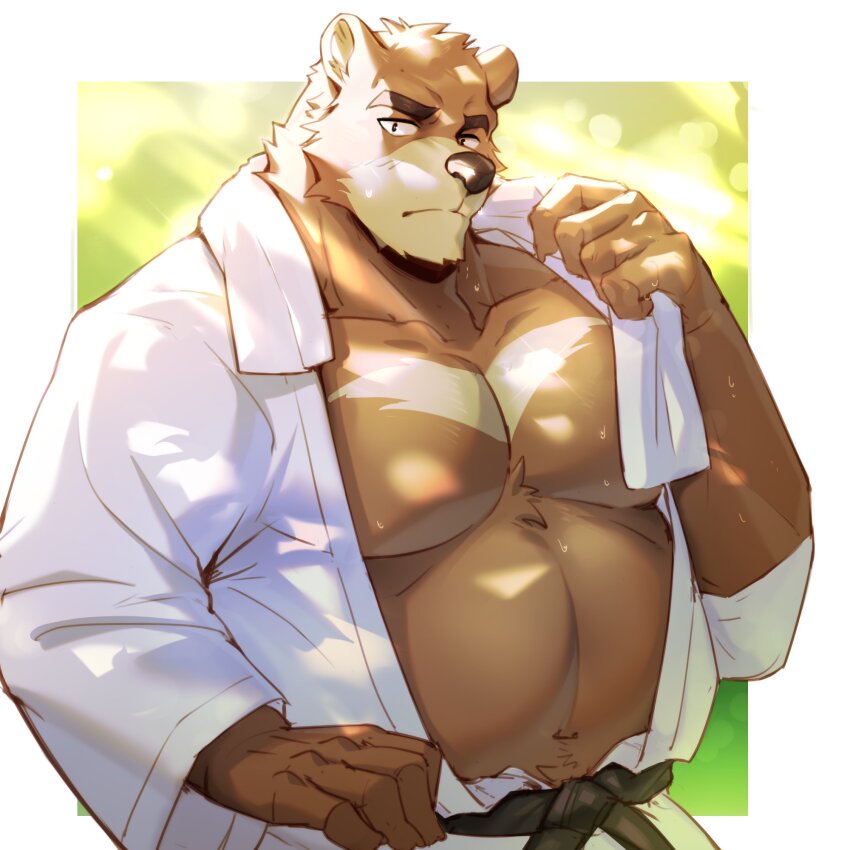 1boy, animal_ears, bara, bare_pectorals, bear_boy, bear_ears, belly, commentary_request