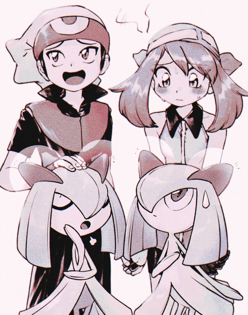 1boy, 1girl, 2others, bandana, beanie, blush, brendan_(pokemon), closed_eyes