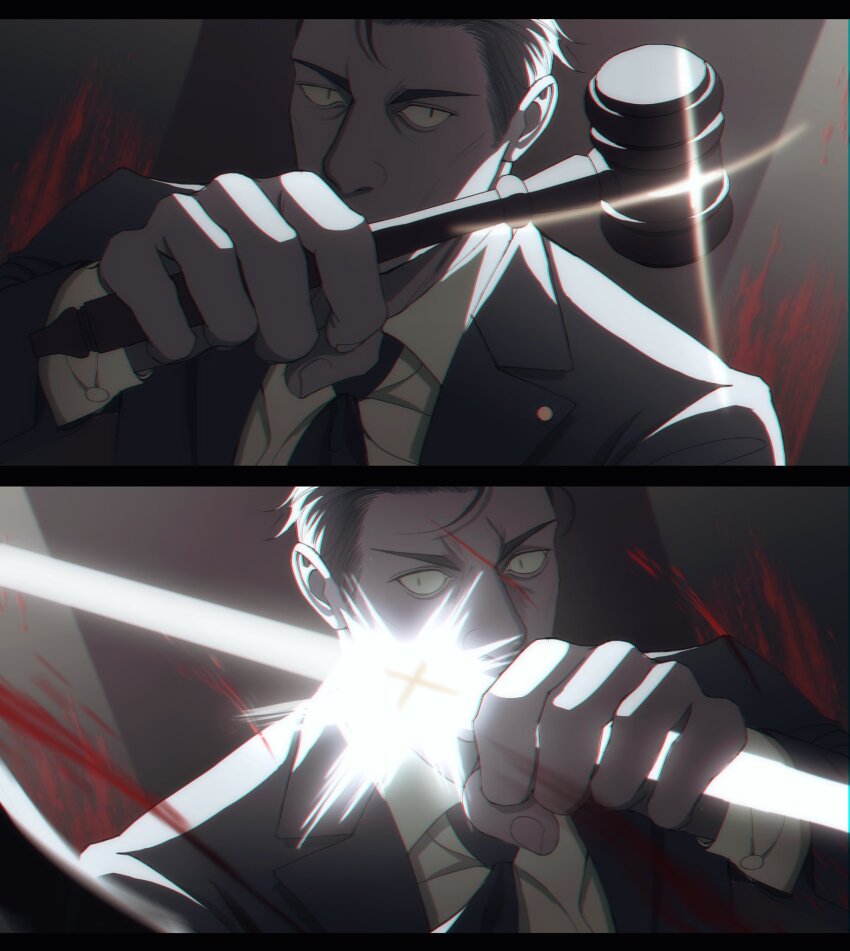 1boy, black_background, black_eyes, black_hair, black_jacket, black_necktie, blood, blood_on_face