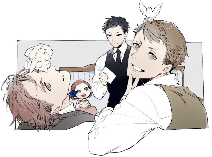 1girl, 3boys, animal, arm_up, bird, bird_on_hand, black_eyes, black_hair