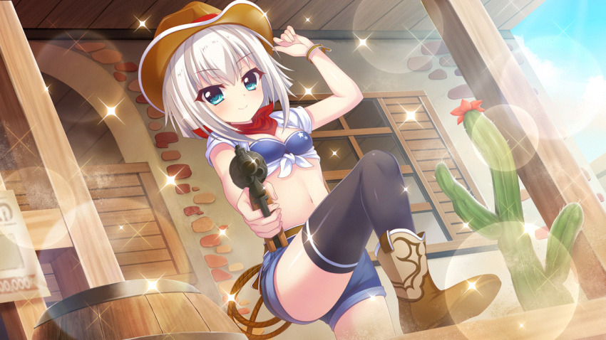 1girl, aiming, aiming_at_viewer, bandana, barrel, belt, bikini, bikini_top_only