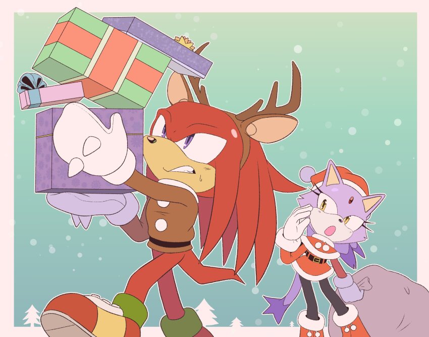 1boy, 1girl, absurdres, animal_ears, antlers, black_leggings, blaze_the_cat, blaze_the_cat_(holiday_cheer), brown_sweater, cat_ears, cat_girl, cat_tail, christmas, christmas_present, eyelashes, forehead_jewel, furry, furry_female, furry_male, gift, gloves, hat, highres, horns, knuckles_the_echidna, knuckles_the_echidna_(reindeer), leggings, open_mouth, purple_eyes, purple_fur, red_footwear, red_fur, reindeer_antlers, santa_costume, santa_hat, snowing, sonic_(series), sonic_speed_simulator, stellarspin, sweater, tail, white_gloves, yellow_eyes