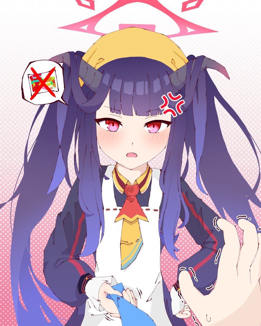 1boy, 1girl, absurdres, anger_vein, angry, apron, black_hair, black_serafuku, blue_archive, blue_necktie, blunt_bangs, clothes_grab, commentary, demon_girl, demon_horns, fang, fuuka_(blue_archive), halo, hamuhamuid, hand_on_own_hip, headscarf, highres, horns, indomie_(brand), instant_noodles, instant_pack_noodles, instant_ramen, long_hair, long_sleeves, looking_at_viewer, necktie, necktie_grab, neckwear_grab, out_of_frame, pov, red_eyes, school_uniform, sensei_(blue_archive), serafuku, sidelocks, simple_background, spoken_object, sweatdrop, trembling, white_apron, yellow_headscarf, yellow_headwear