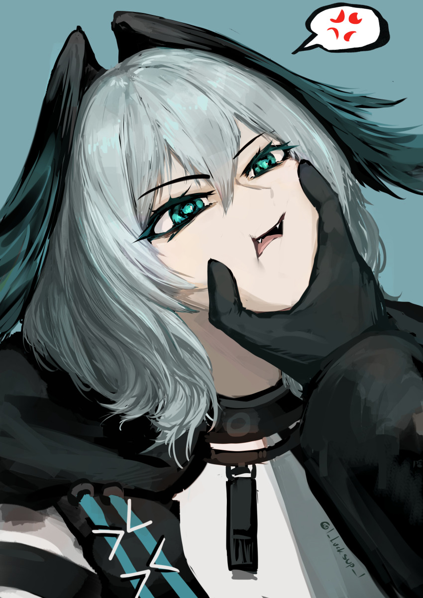 1girl, 1other, absurdres, anger_vein, arknights, black_feathers, black_wings, blue_background, blue_feathers, blue_wings, commentary, doctor_(arknights), english_commentary, fangs, feathered_wings, feathers, grabbing_another's_face, grey_hair, hair_between_eyes, head_grab, head_wings, highres, ho'olheyak_(arknights), long_hair, looking_at_viewer, lucksup, pov, simple_background, spoken_anger_vein, two-tone_wings, wings